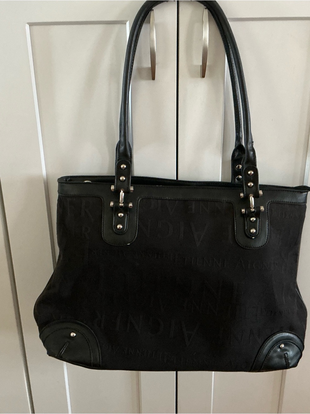 Etienne Aigner signature large tote bag jacquard black metallic silver hardware